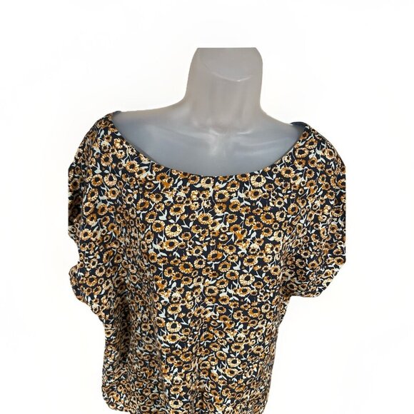 LL Bean Signature Linen Top Womens Size Large Floral Tie Front Brown Black - Picture 5 of 8